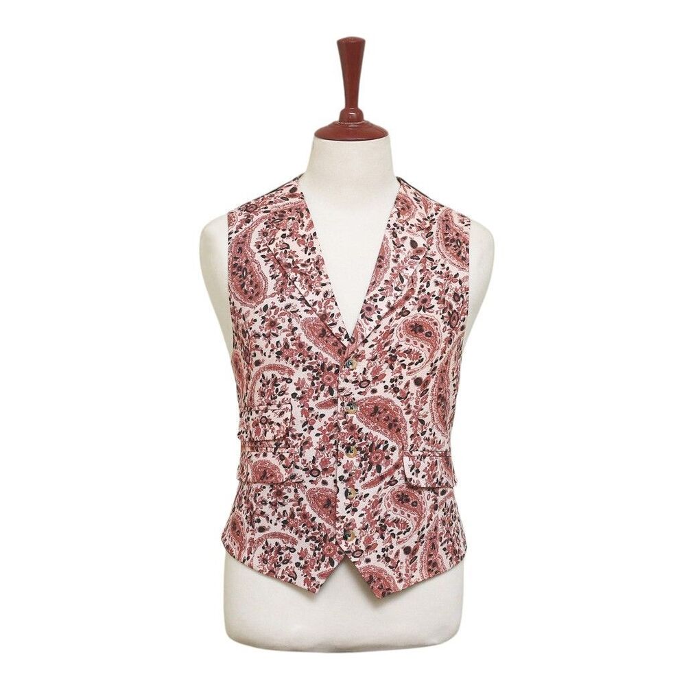 Mens Paisley Vest 44R Red Beige Waistcoat XL Formal Wedding Prom Party Groom - Picture 1 of 9